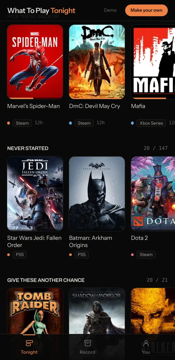 The app on a phone, showing tonight's shelf