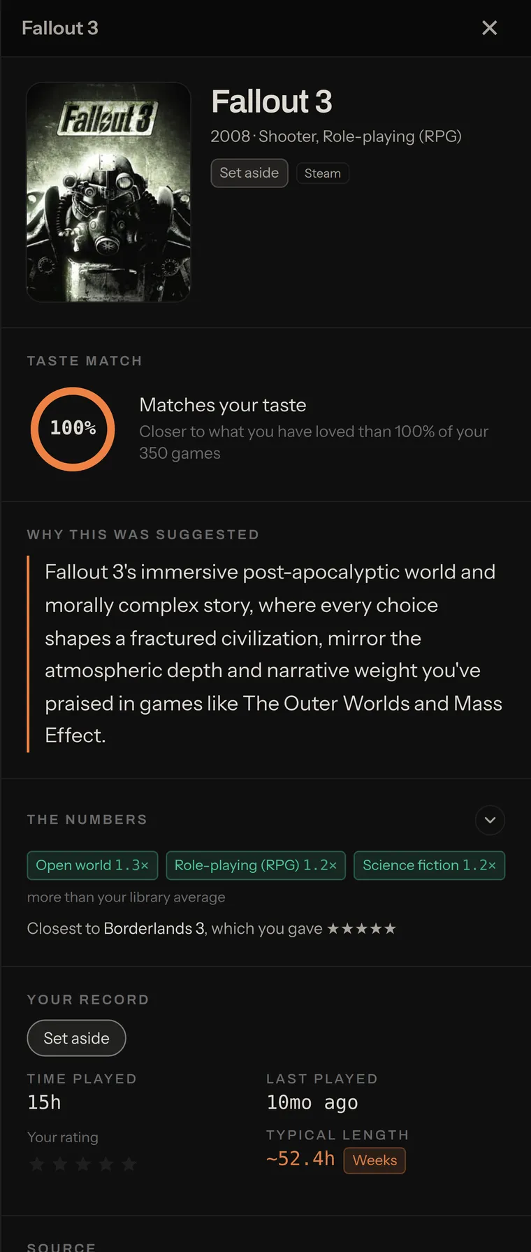 A suggested game, with the reason it was chosen
